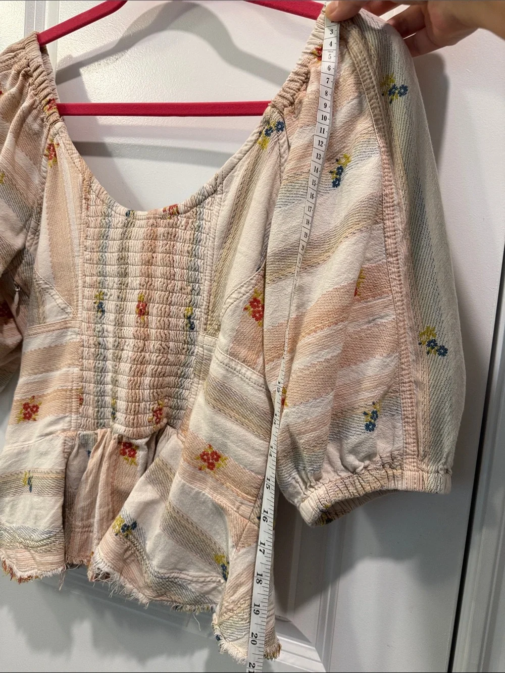 Peplum Puff-Sleeve Floral Stripe Top in Cream